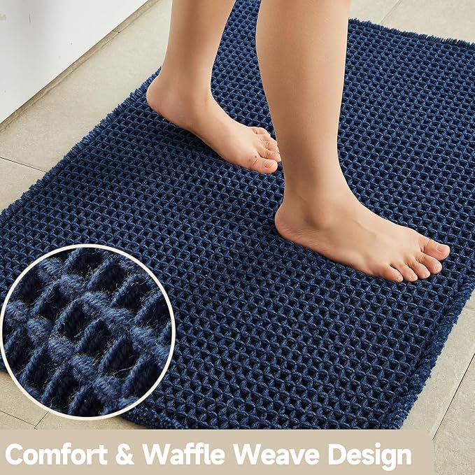 Waffle Runner Rug Bathroom, Long Boho Bathroom Rugs Non Slip Washable Super Absorbent Quick Dry Farmhouse Bath Decor, 60"x24" Navy Blue