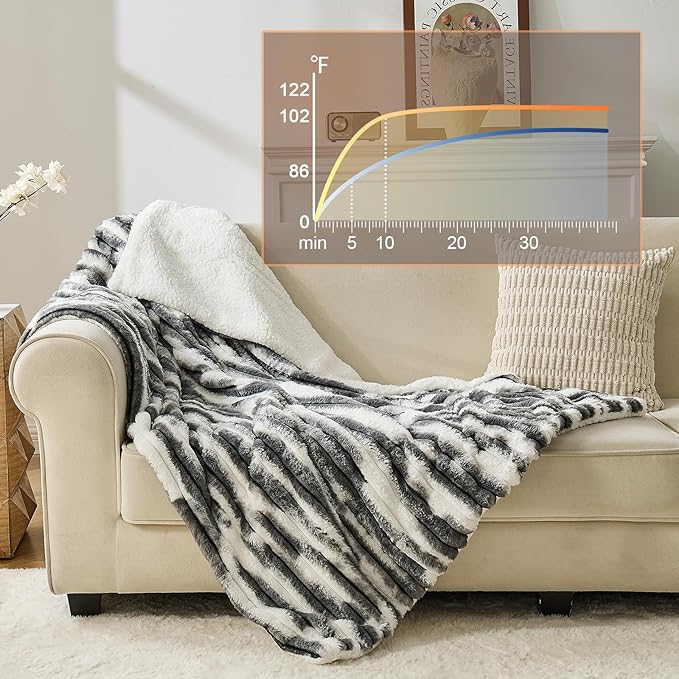 Heated Blanket Queen - 84"x90" Dual Control Bed Electric Blankets with 6 Heating Levels & 10 Hours Auto Off, Soft Ribbed Faux Fur Sherpa, Over-Heated Protection ETL, Dark Gray