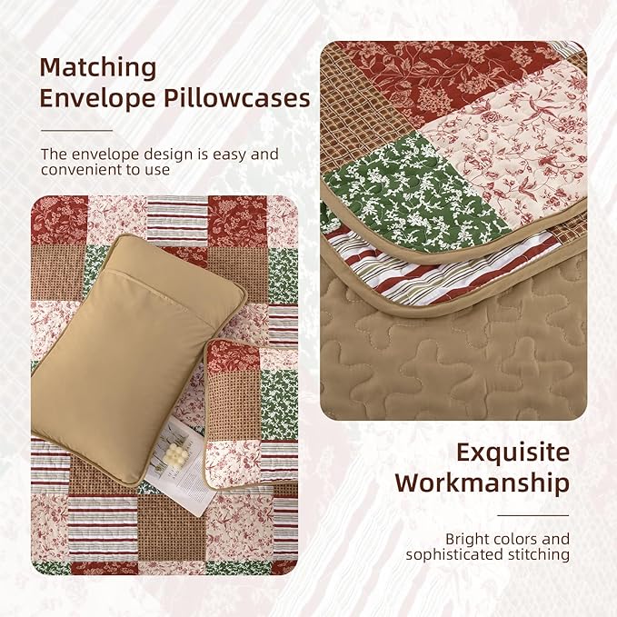 Mybedsoul Christmas Quilt Set Queen Size, 3 Pieces Red Green Floral Plaid Bedspread Coverlet Set, Reversible Soft Microfiber Bedding Set for All Season, Fall Winter Queen Christmas 90"x96"