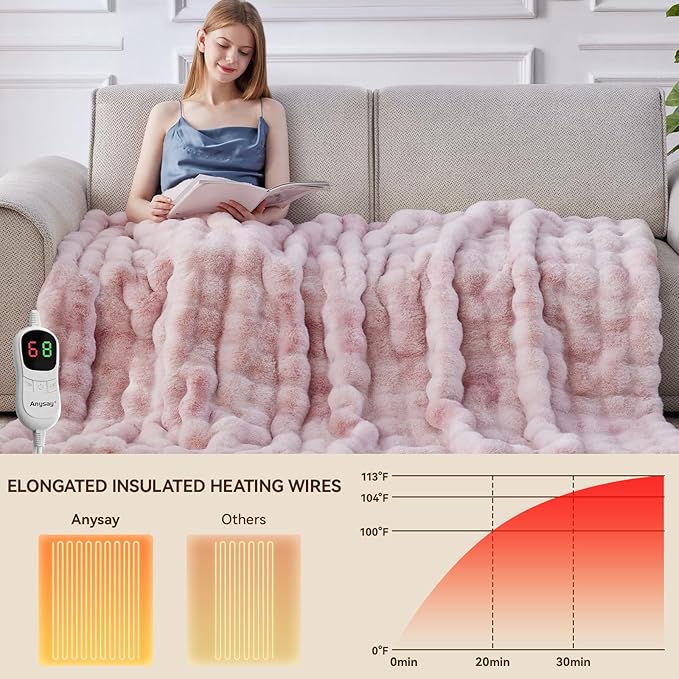 Heated Blanket Throw with 1/2/4/6/8 Hours Auto-Off 10 Heat Level, 62'' * 84'' Cozy Faux Rabbit Fur Bubble Electric Blanket with Overheat Protection(Tie-Dye Pink)