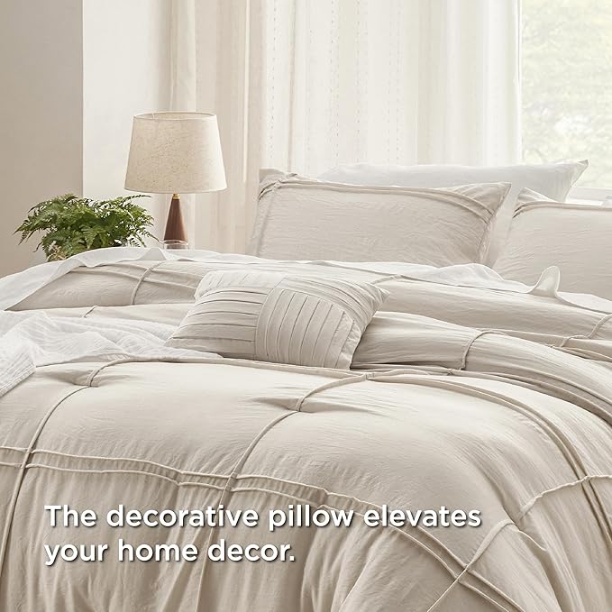 Bedsure Twin Comforter Set - 3 Pieces Grid Pleat Bed Set, Beige Boho Bedding for All Season, 1 Soft Comforter, 1 Pillowcase, 1 Decorative Pillow