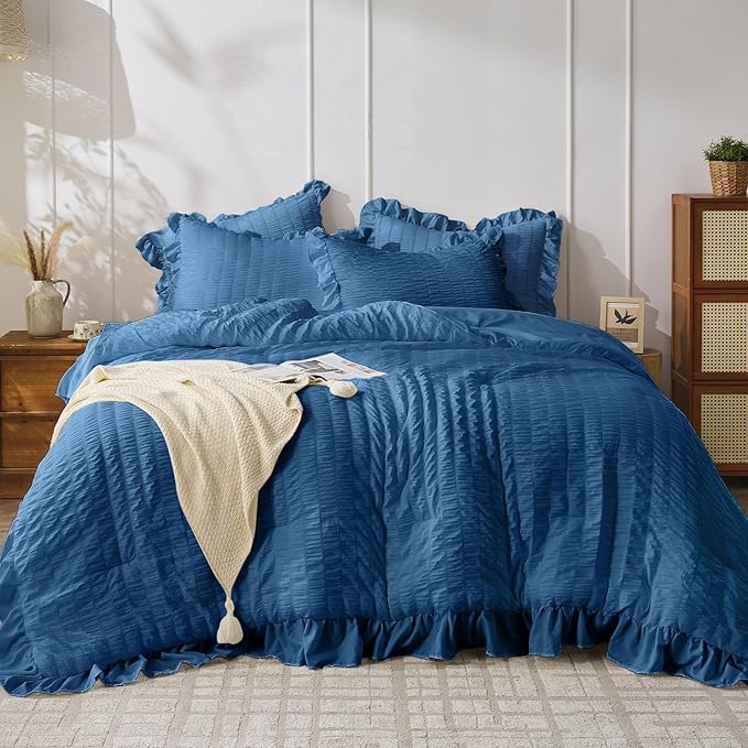 JOLLYVOGUE Teal King Comforter Set, 3 Pieces Seersucker Comforters King Size, Lightweight & Fluffy Bedding Sets King for All Season with 1 Ruffle Comforter and 2 Ruffle Pillowshams