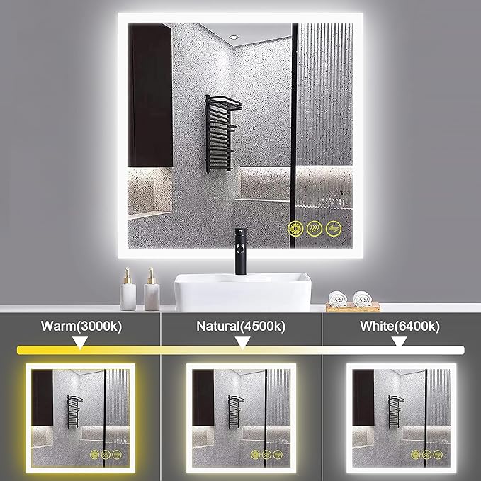 Wall-Mounted LED Square Bathroom Mirror, Makeup Mirror (36 inches x36 inches,) 3 Color Stepless Dimmable Memory Bathroom Vanity Mirror with Lights CRI90+ 3000-6400K Smart Mirror with Touch