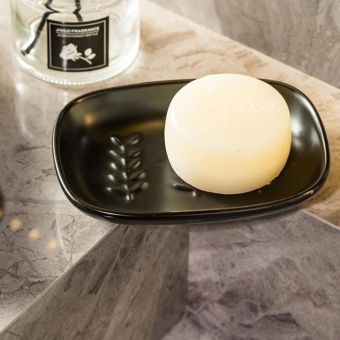 Soap Dish Soap Holder Shower, Ceramic Soap Dishes for Bar Soap Sponge, Shower Saver Tray for Bathroom Kitchen Sink, Raised Leaf Design, Black