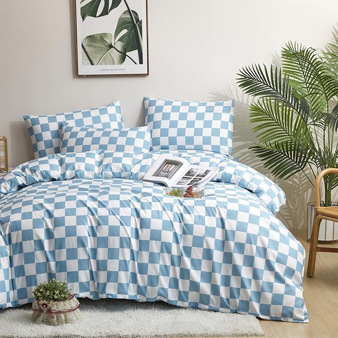 karever Blue White Grid Comforter Set Queen Blue Plaid Bedding Set Women Blue and White Checkered Bed Comforter Set Breathable Blanket Set Men Durable Bedding Comforter Set,Queen(90''*90'')