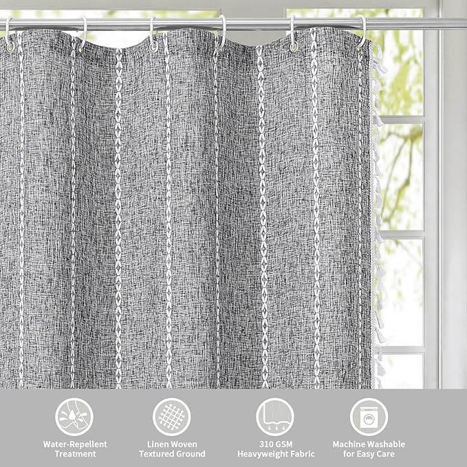 MitoVilla Dark Grey Farmhouse Shower Curtain Set 72 x 78, Boho 78 inch Long Polyester Linen Tassel Fabric Shower Curtain Set for Chic Cottagecore French Rustic Bathroom Decor, Charcoal Grey
