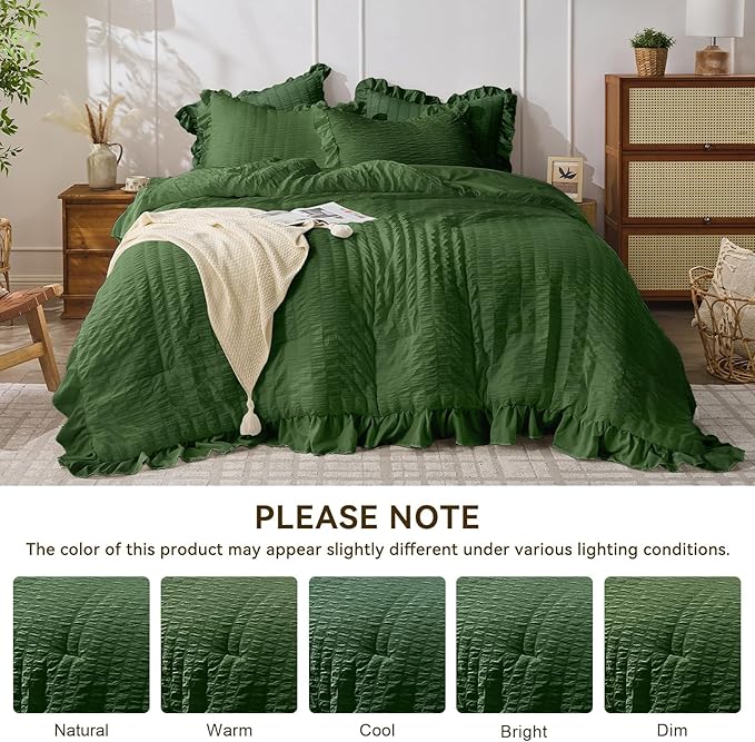JOLLYVOGUE Dark Green Comforter Full Size, 3 Pieces Seersucker Lightweight Full Size Bedding, All Season Fluffy Microfiber Bedding Comforter Set with 1 Ruffle Comforter and 2 Ruffle Pillowshams