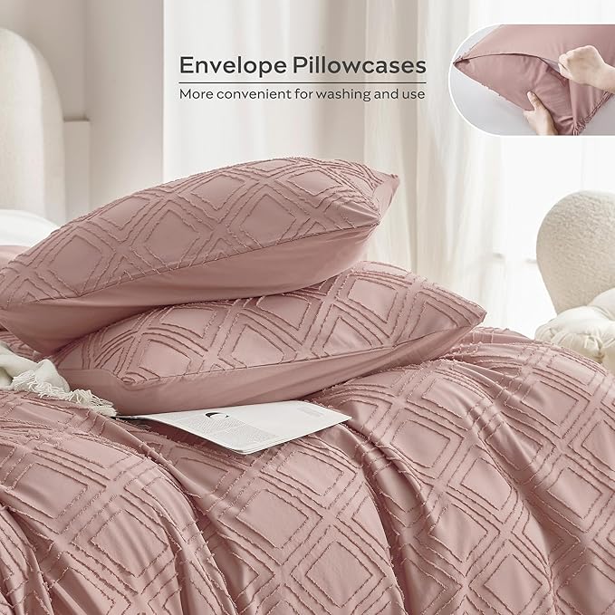 JELLYMONI Duvet Cover Twin Size Smokey Pink - 3PCS Boho Duvet Cover Set Plaid Polyester Tufted Bohemian Jacquard Knit Textured Comforter Cover 68×90in Rhombic Geometric Pattern Corner Ties & Zipper