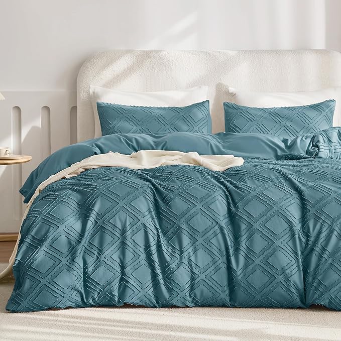 JELLYMONI Duvet Cover Twin Size Grayish Blue - 3PCS Boho Duvet Cover Set Plaid Polyester Tufted Bohemian Jacquard Knit Textured Comforter Cover 68×90in Rhombic Geometric Pattern Corner Ties & Zipper
