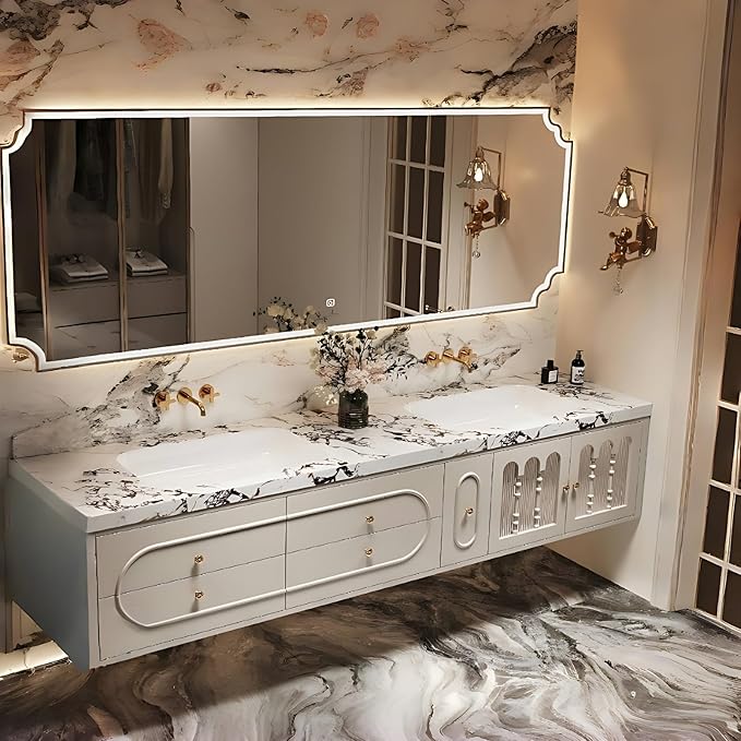 Bathroom Vanity with Sink - Luxurious Bathroom Sink Cabinet, Floating Vanity with Smart Defog Mirror and Solid Wood Multifunctional Cabinet, Complete Accessories (White, 52")