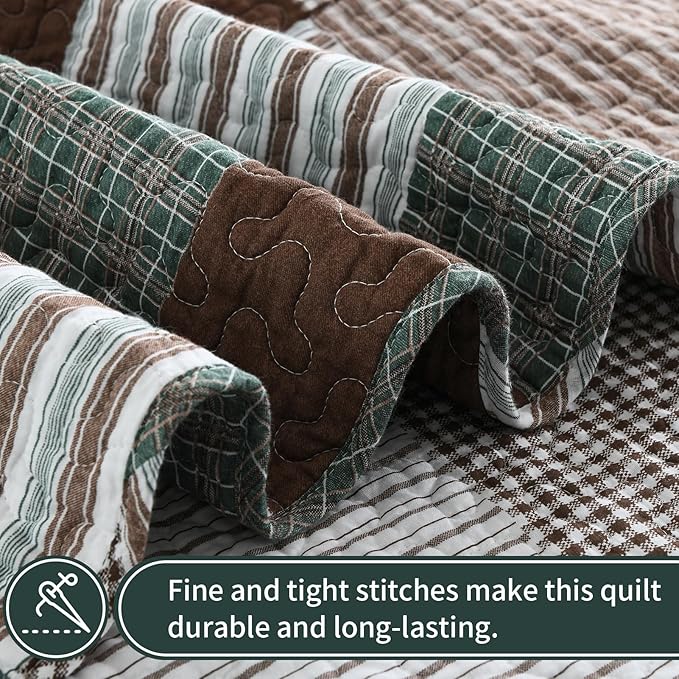 KALOOLA Plaid Queen Size Quilt Set, 100% Cotton Lightweight Quilted Bedspread with 2 Pillowshams for Queen Bed, Farmhouse Printed Bedding Set Coverlet for All Season, 3 Pieces, Brown/Green