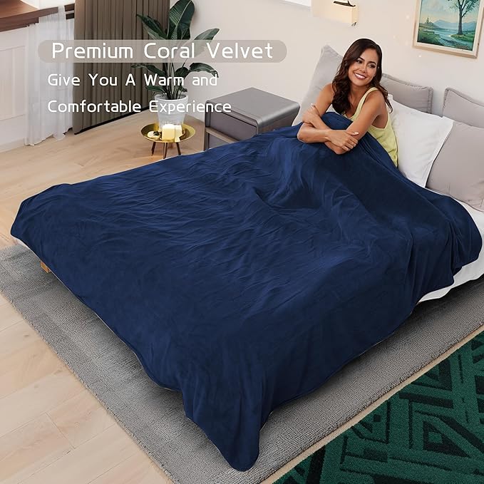 Electric Heated Blanket 90"x100" King Size, Soft Coral Fleece, Dual Controllers with 4 Heating Levels and 10 Hours Auto-Off, Machine Washable, Cozy Plush Fabric for Home, Dark Blue