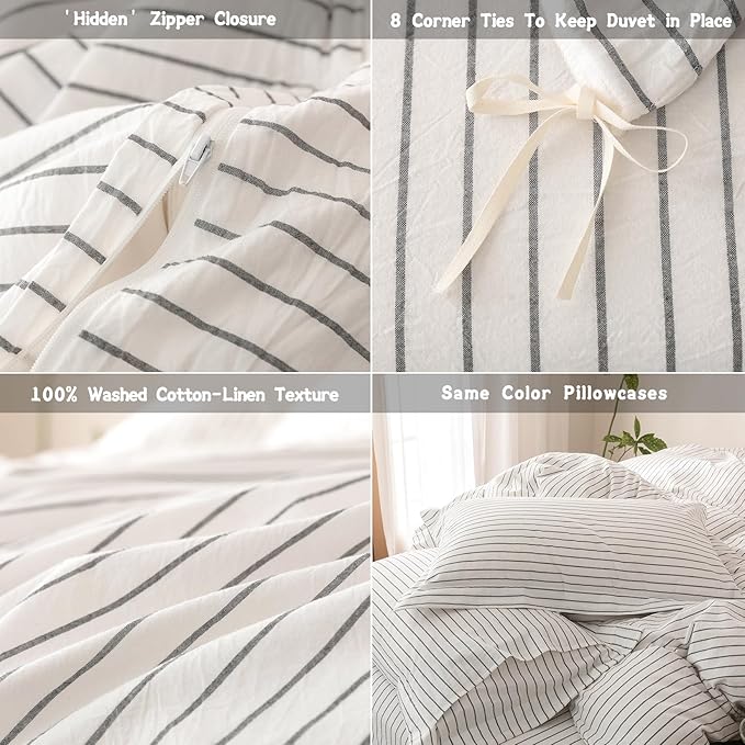 Stripe Duvet Cover Queen Size 90inch x 90inch, 100% Washed Cotton Linen Feel Pinstripe Duvet Cover with Zipper Closure and 2 Pillowcases, Color of White-Dark Grey Stripe