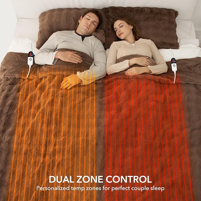 Faux Rabbit Fur Bubble Electric Blanket King Camel - Fluffy Thick Heated Blanket with Dual Control, 6 Heating Levels & 10 Timer Settings, ETL Certified, Decor Gifts for Home (100" x 90")
