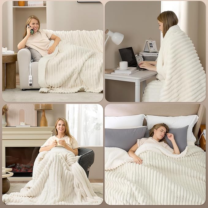 Hansleep Heated Blanket Electric Blanket Full Size, Heating Blanket with 9 Heating Levels and 10-Hour Timer Auto Shut Off, Washable Soft Warm Winter Blanket, 72 x 84 Inches, Beige