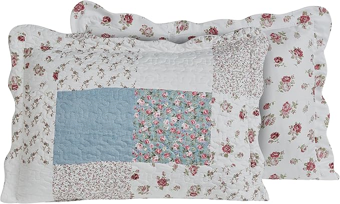Brilliant Sunshine Pink Rose with Small Blue Check Patchwork, 3-Piece Quilt Set with 2 Shams, Reversible Bedspread, Soft Lightweight Coverlet, All-Season, Full/Queen, Pink Blue