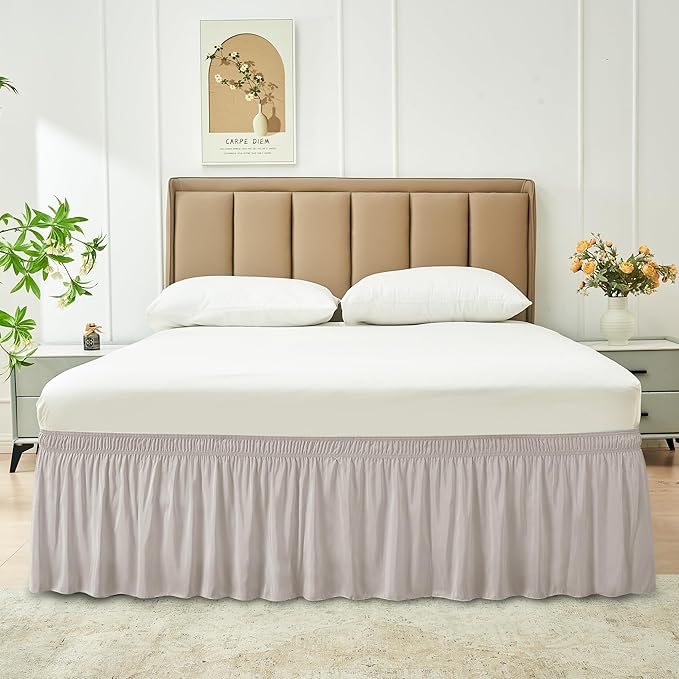 Biscaynebay Wrap Around Bed Skirts for Twin & Twin XL Beds with 15" Drop, Camel Grey Adjustable Elastic Dust Ruffles Easy Fit Wrinkle & Fade Resistant Silky Luxurious Fabric Machine Washable