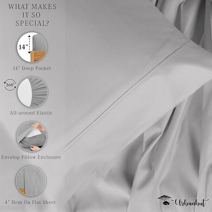 URBANHUT 100% Egyptian Cotton Sheets - 1000 Thread Count Twin Silver Grey Sheet Set (3Pc), Long Staple Cotton Sheets, All Season Sateen Weave, Luxury Hotel Twin Bedsheets,16" Deep Pocket