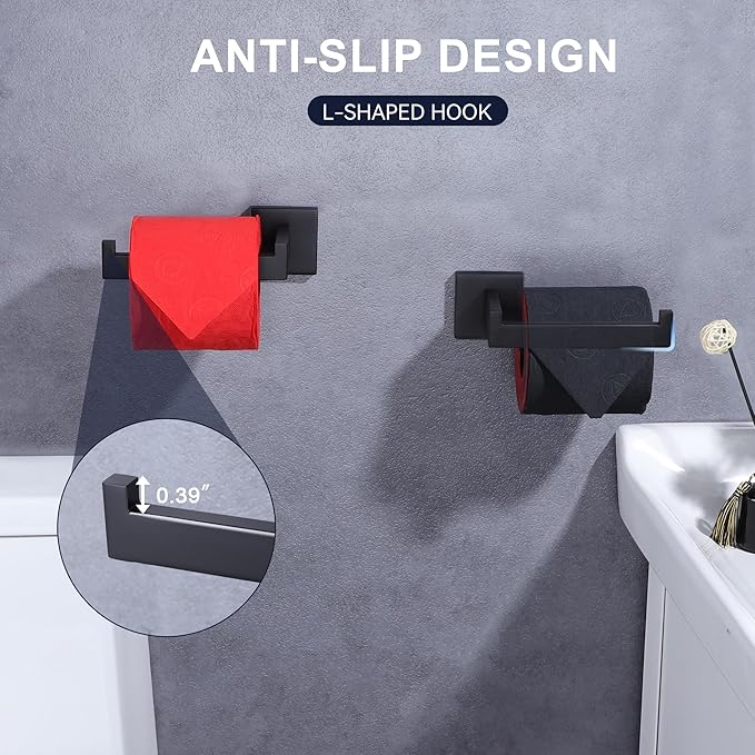 LANC Black Toilet Paper Holder, Bathroom Toilet Paper Roll Holder Wall Mounted for Washroom Kitchen Matte Black TP Tissue Holder Dispenser and Hangers Rustproof 304 Stainless Steel Right, A8807MB
