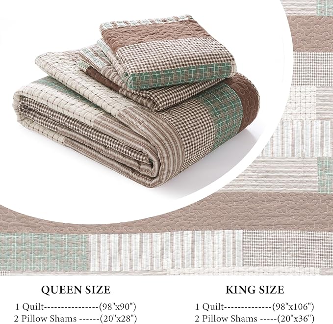 Uniclinens Plaid Quilt Queen Size, 100% Cotton Patchwork Quilt Bedding Set, Brown Lightweight Farmhouse Bedspread/Coverlet/Comforter Set, 3 Pieces Set with 2 Pillowshams, Brown/Green/Cream