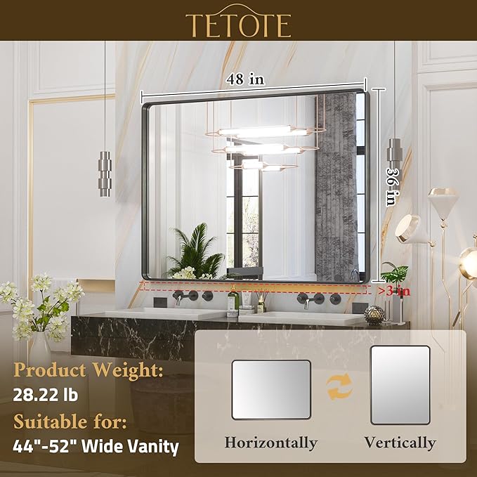 TETOTE 48 x 36 Inch Gold Bathroom Mirror, Champagne Gold Brushed Metal Framed Modern Vanity Mirror, Brushed Brass Rectangle Decorative Wall Mirrors Shatterproof (Horizontal/Vertical)