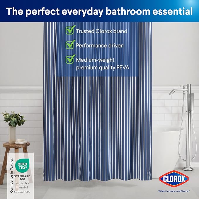 CLOROX Shower Curtain Liner, Premium Striped Medium-Weight Durable Waterproof 6g PEVA for Bathroom with Weighted Magnets, Printed Standard Size 72" x 72", Navy