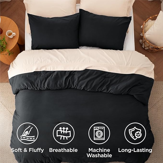 Bedsure King Size Comforter Set, Black Soft Prewashed Bedding for All Seasons, 3 Pieces GentleSoft™ Warm Down Alternative Bed Set, 1 Lightweight Comforter (104"x90") and 2 Pillowcases (20"x36")