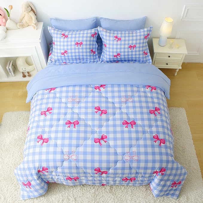 Wajade Bow Comforter Set 7 Piece Blue White Plaid Comforter Sets for Girls Kids Full Size Checkered Bedding Set with Sheet and 2 Pillowcases 2 Pillow Shams Cute Girls Bed in a Bag as Birthday Choice