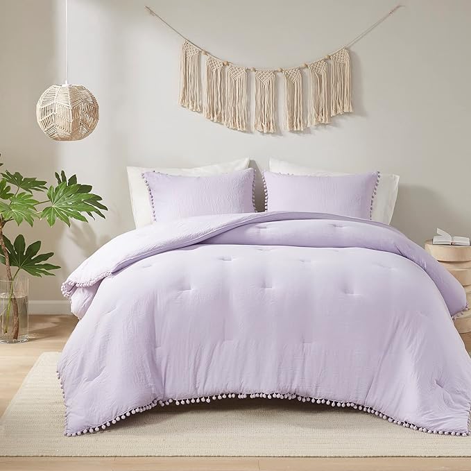 Codi Lavender Purple Full/Queen Comforter Set - Boho Aesthetic Bedding with Luxurious Pom Fringe, Soft Washed Microfiber 3pc Set, Couple-Friendly Lightweight Design, 1 Comforter & 2 Pillow Shams