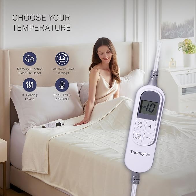 Electric Blanket Twin 62"x84" Heated Electric Blankets 10 Heating Levels 12 Time Settings 8 Hours Auto Off Fast Heating and Overheat Protection ETL Certified Machine Washable,Ivory