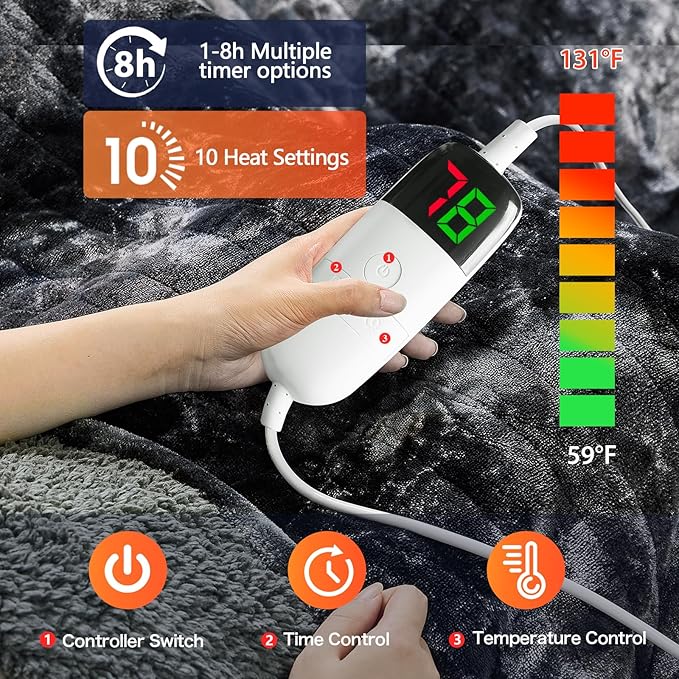 greenoak Heated Electric Blanket Twin, Faux Fur Sherpa Heating Blanket for Sofa Bed, Warm Winter Gifts for Women/Men, Heater Lap Blankets 5-Position Timer &10 Heating Levels 62''*84" Black