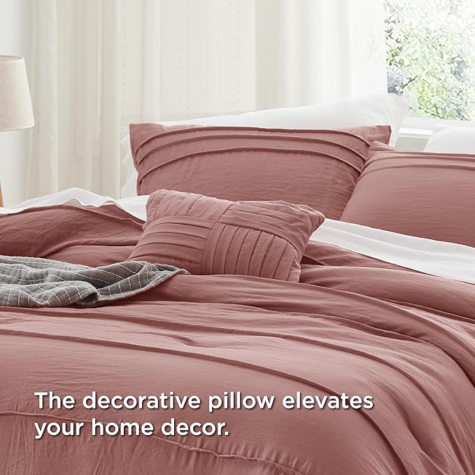 Bedsure Twin Comforter Set - 3 Pieces Pinch Pleat Bed Set, Dusty Pink Boho Bedding for All Season, 1 Soft Comforter, 1 Pillowcase, 1 Decorative Pillow