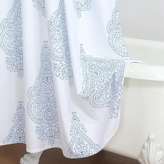 Fabric Shower Curtain, White and Blue Paisley Damask Medallion Print Shower Curtains for Bathroom, 72" W x 72" H