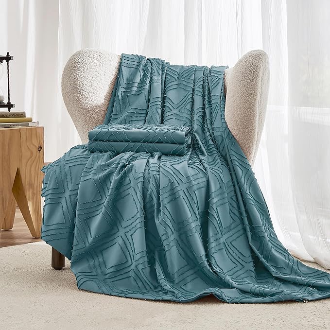JELLYMONI Duvet Cover Full Size Grayish Blue - 3PCS Boho Duvet Cover Set Plaid Polyester Tufted Bohemian Jacquard Knit Textured Comforter Cover 80×90in Rhombic Geometric Pattern Corner Ties & Zipper