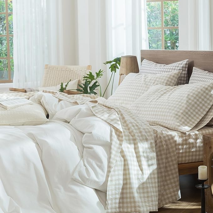 MooMee Gingham Sheet Set 100% Washed Cotton Linen Like Textured Breathable Soft w/Fully Elasticized 16-19" Deep Pocket (Classic Gingham Almond Milk Grey, King)