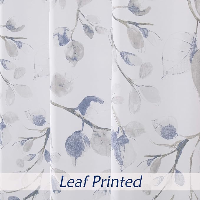 Central Park Navy Blue Leaf Shower Curtain Water Resistant Decorative Sweeping Floral Print Canvas Bathroom Spa Hotel Shower Curtain with Buttonholes (White, 70"x72")