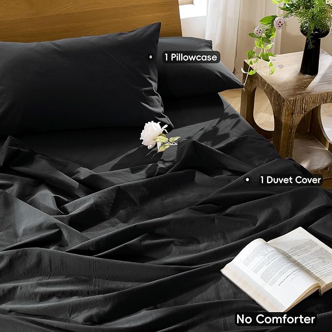 MooMee Bedding Duvet Cover Set 100% Washed Cotton Linen Like Textured Breathable Durable Soft Comfy (Solid Black, Twin 68"x90")
