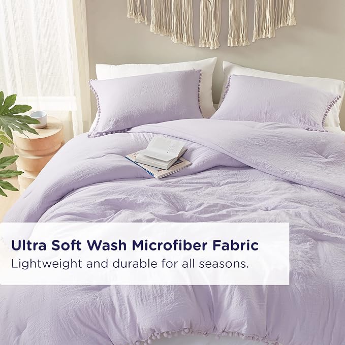Codi Lavender Purple Boho Twin Comforter Set for Girls, Aesthetic Pom Fringe Design Cute Bedding, Soft Washed Microfiber Bed Sets, Lightweight Chic,1 Comforter & 1 Pillowcase