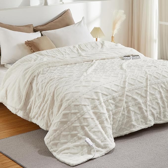 CAROMIO Electric Blanket Full Size - Thick Tufted Sherpa Heated Blanket Full Size with 10 Heating Levels and 10 Time Settings, ETL Certified Machine Washable Fast Heating Blanket Full 72"×84", White