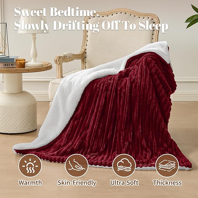 Electric Heated Throw Blanket - 50"x60" Fast Heating Bed Blankets with 6 Heating Levels & 4 Hours Auto Off, Soft Ribbed Flannel Sherpa, Over-Heated Protection ETL, Red