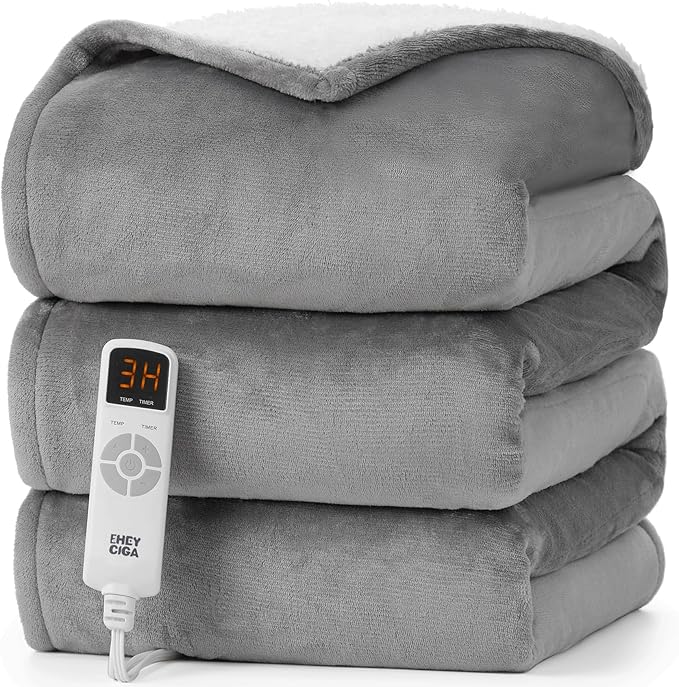 EHEYCIGA Heated Blanket - Twin Size, 9 Heating Levels, 10 Hour Auto Off, Soft Cozy Sherpa Washable Blanket, 62 x 84 Inches