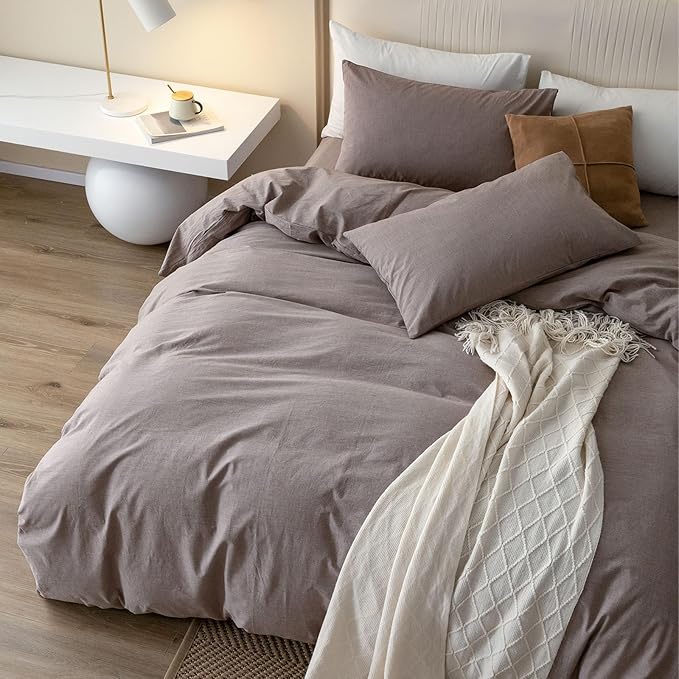 JIYUAN 100% Washed Cotton Duvet Cover Set 3 Pieces King, 1 Duvet Cover 104x90 Inches(Comforter Not Included) and 2 Pillowcases,Linen Feel Bedding Set Comfy and Breathable, Heathered Mauve Brown