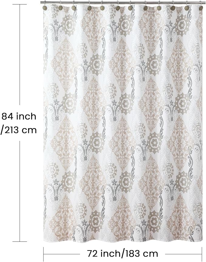 Extra Long Fabric Shower Curtain, White and Beige Boho Damask Print Shower Curtains for Bathroom, 72" W x 84" H