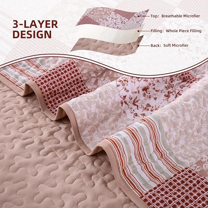 Mybedsoul Patchwork Quilt Set Queen Size, 3 Pieces Pink Floral Plaid Bedspread Coverlet Set, Reversible Soft Microfiber Bedding Set for All Season, Fall Winter Queen 90"x96"