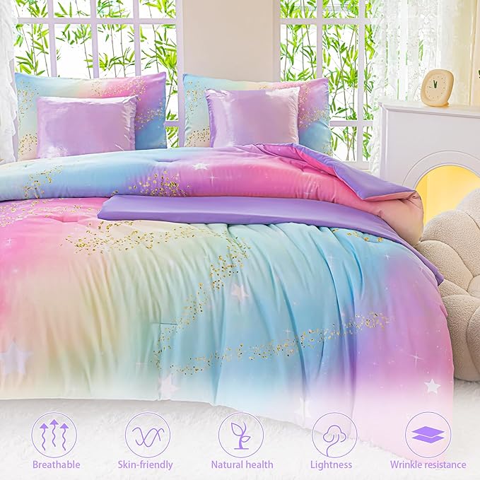 Rainbow Bedding Set Twin Size – 7 Piece Reversible Girls Comforter with Deep-Pocket Sheet, Gradient Galaxy Design, Whole-Piece Filling, Machine Washable Bed-in-a-Bag for Kids Room Makeover & Gifts