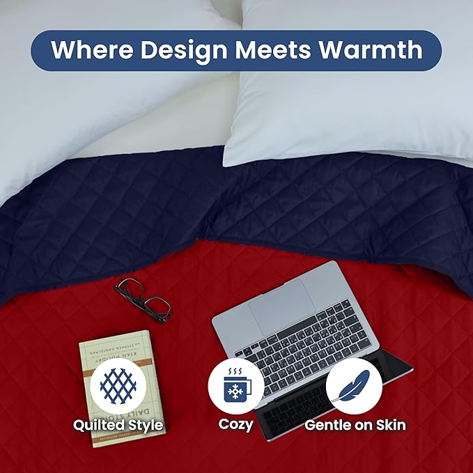 Martex Reversible Coverlet – King Bed Quilt – Lightweight King Size Bedding – Durable King Size Quilts for Bed – Soft - Easy Care Bedding – Red/Navy
