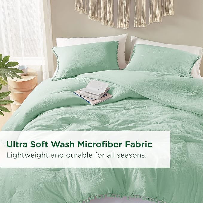 Codi Sage Green Boho Twin Comforter Set, Aesthetic Luxurious Pom Fringe Design Bedding, Cute Soft Washed Microfiber Bed Sets, Lightweight Chic,1 Comforter & 1 Pillowcase