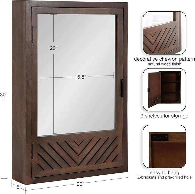 Kate and Laurel Mezzeta Decorative Modern Rectangle Bathroom Cabinet with Mirror, 20 x 5 x 30, Brown, Wooden Bathroom Mirror with Storage for Bath Medicine Cabinet or Over-The-Toilet Storage Cabinet