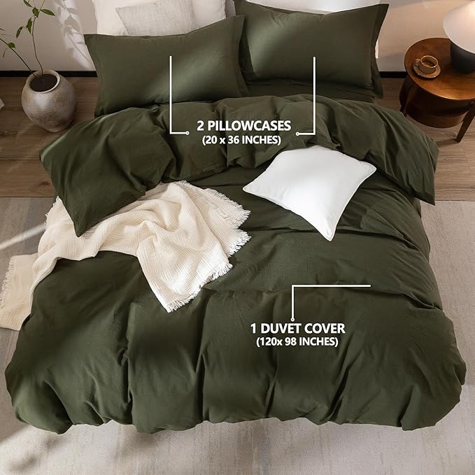 Linen Feel Duvet Cover Oversized King Size 120inch x 98inch,100% Washed Cotton Duvet Cover with Zipper Closure and 2 Pillowcases, Color of Olive Green