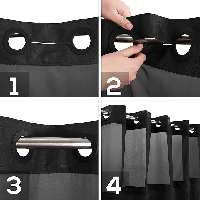 River Dream Long No Hook Slub Textured Shower Curtain with Snap-in PEVA Liner Set - 71" x 77"(75"), Hotel Style with See Through Top Window, Black Fabric Curtain & Waterproof Liner, Black, 71x77